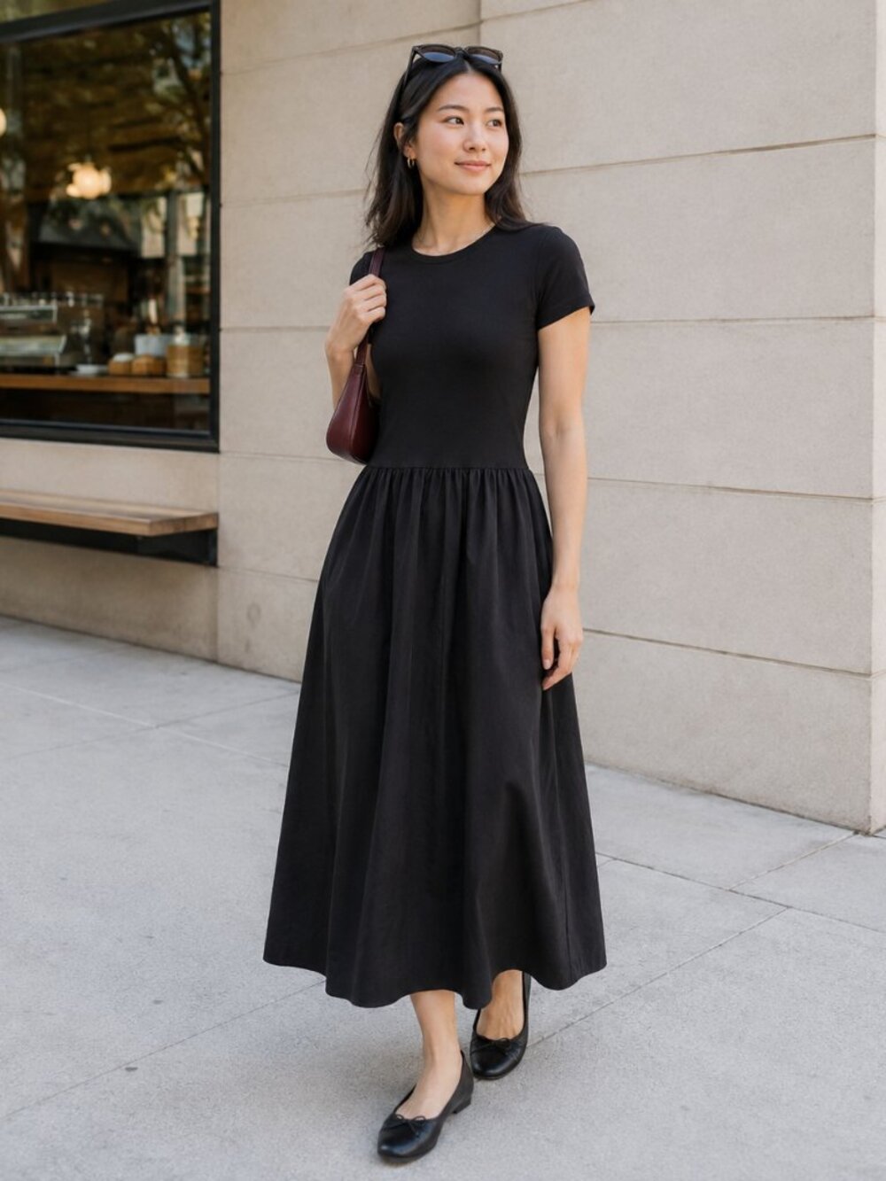 Tahari Black Short-Sleeve Midi Dress